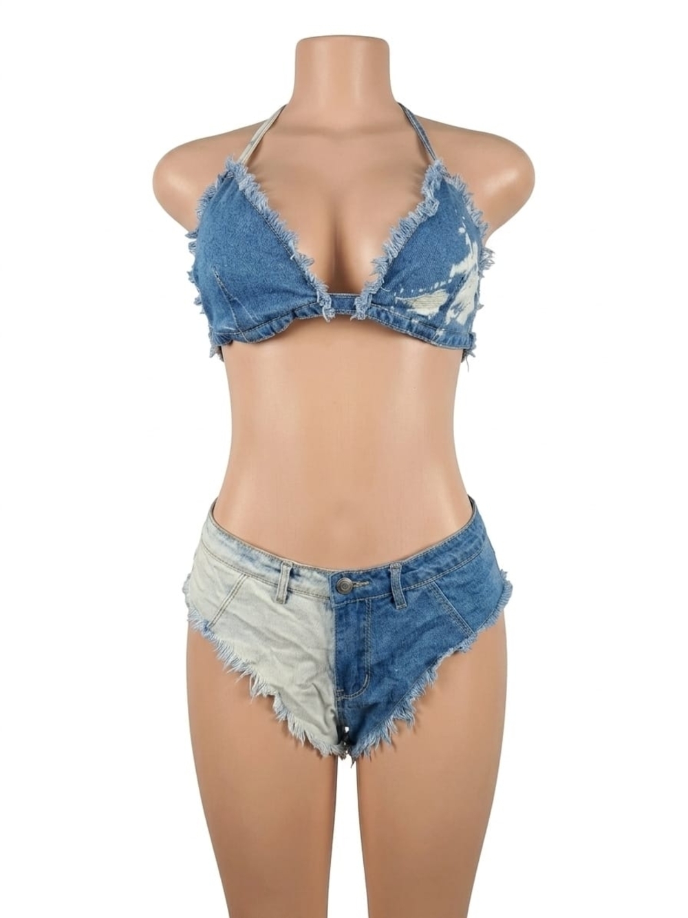 Two-Tone Distressed Denim Bikini Set